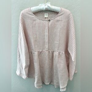 LINTICO | Pink White Gingham Linen Blend Peplum Blouse Top NWT | Size Large